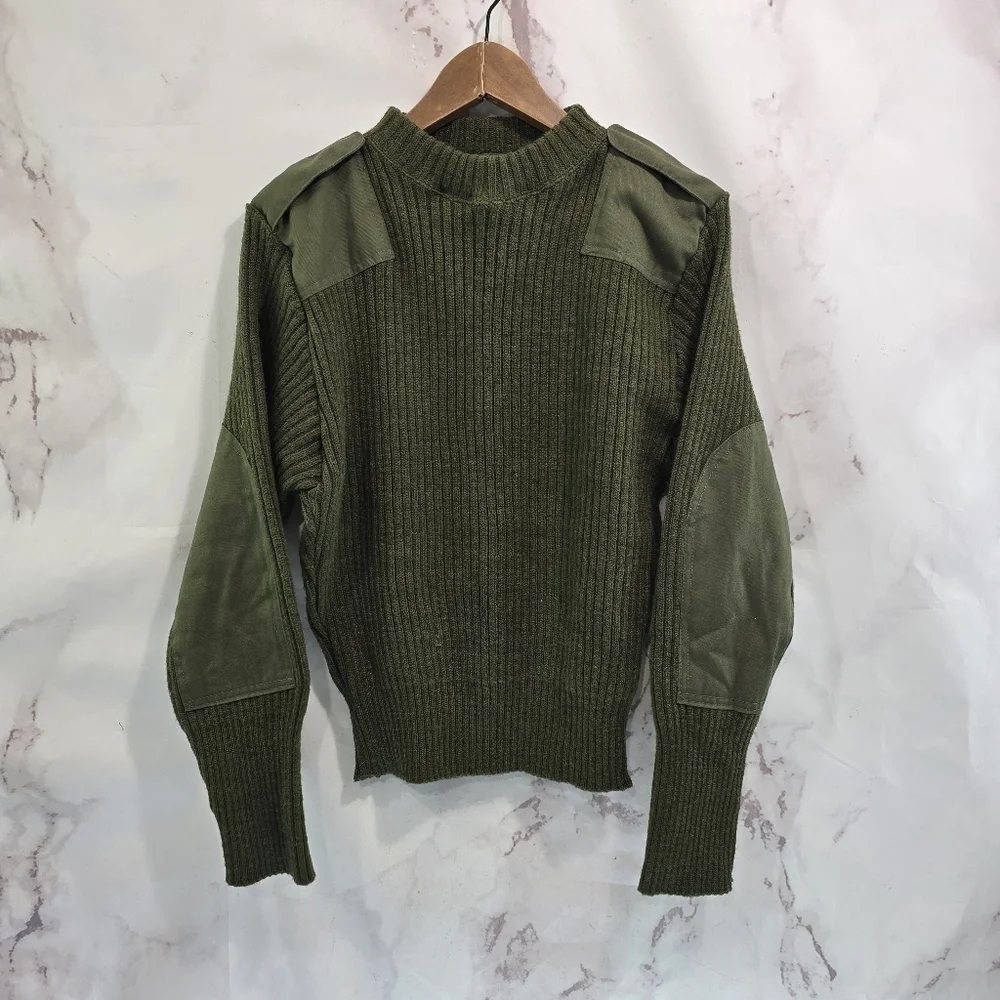 Vintage Wool Sweater Mens S 36 Green Shoulder Elbow Commando Military Tactical